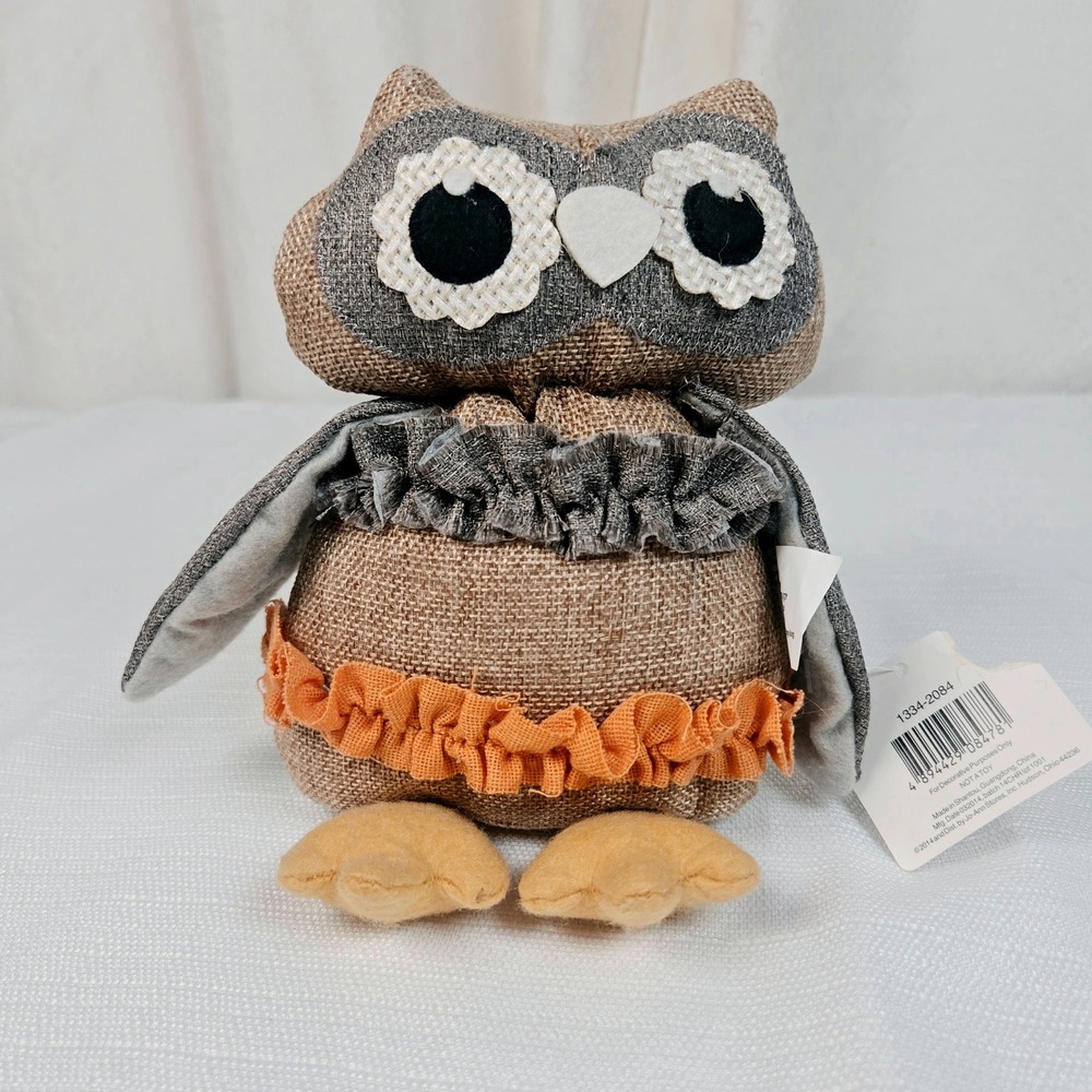 Autumn Burlap Owl Figurine Fall‎ Decor Ruffle Trim Brown Orange NEW
